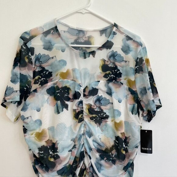 NEW NWT TORRID 2 Plus Size Stretch Mesh Crew Neck Ruched Top Watercolor Floral - Picture 5 of 15